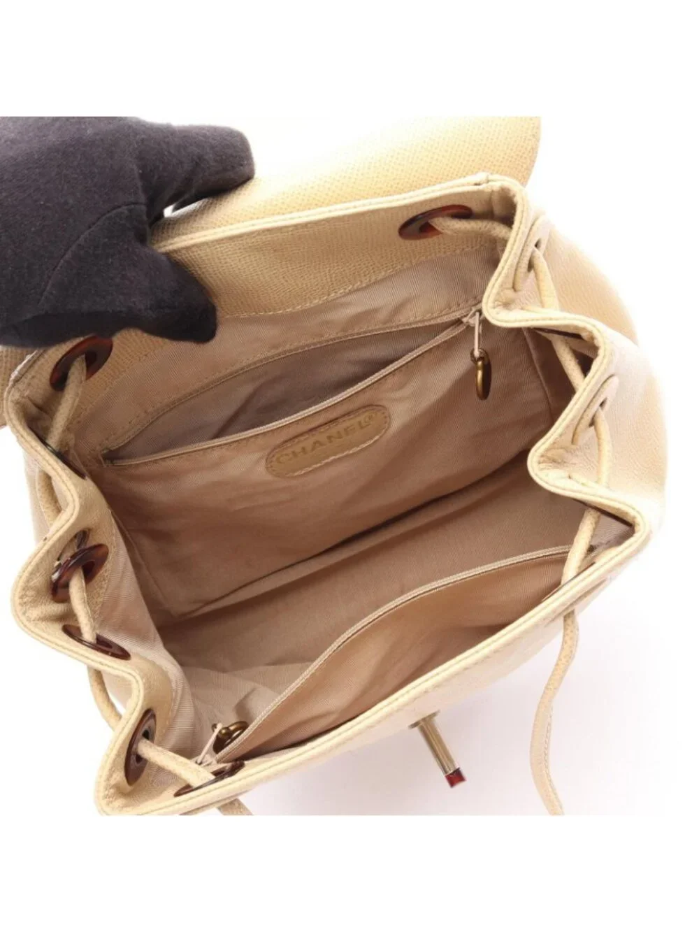 Chanel Backpack CC Logo Light Beige Caviar Leather